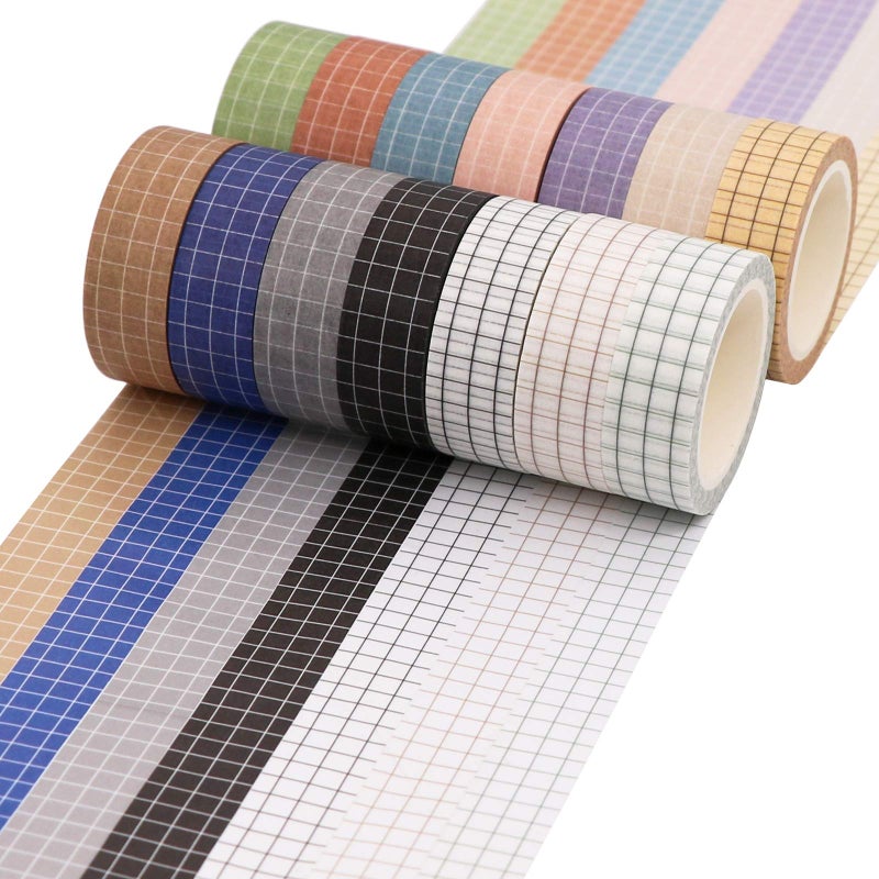 Knaid Grid Washi Tape Set, 14 Rolls of 15 mm Wide Decorative Colored Masking Tapes for Scrapbooking, DIY Decor and Crafts, Bullet Journals, Planners, Junk Journal, Gift Wrapping - Image 4